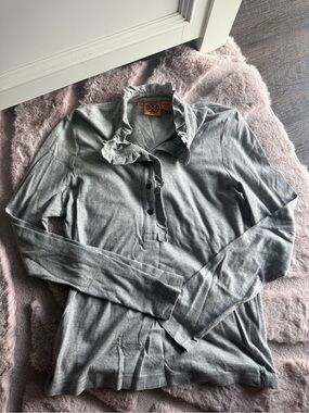 Tory Burch Heather Gray Ruffle-Collar Long Sleeve Polo